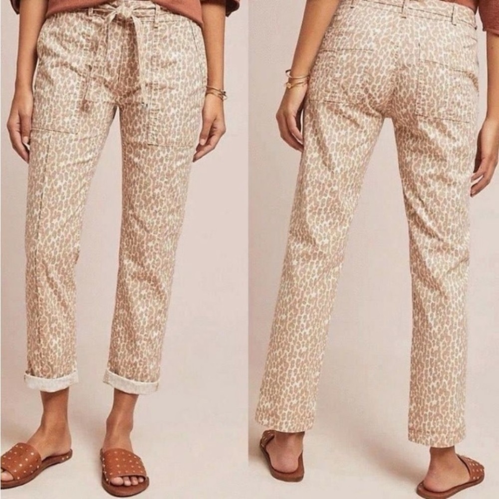 Anthropologie Leopard Print Straight Leg Pants - Tan and Cream